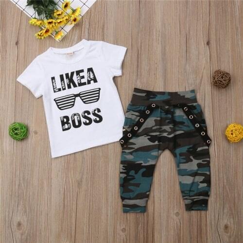 LIKE A BOSS 0-3 Years Toddler Baby Boys Hip Hop Tops T-shirt Camo Pants Outfits Set Clothes