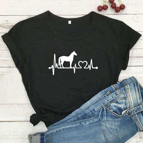 Heartbeat Love Horse Graphic Tees Women T-shirt Short Sleeve T Shirt Women Black Cotton Tshirt Women Top Kawaii Camiseta Mujer