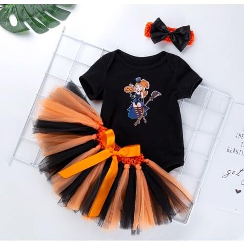 3 PCS Newborn Baby Girls Halloween Party Clothing Cotton Romper Handmade Skirt Pumpkin Costume
