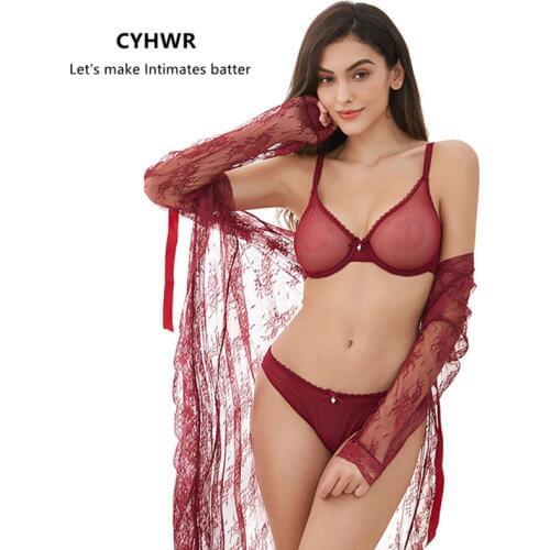 CYHWR Women See-through Sexy Lace Underwear Set Robe+Bra+ Panties+Thong 6 pcsP