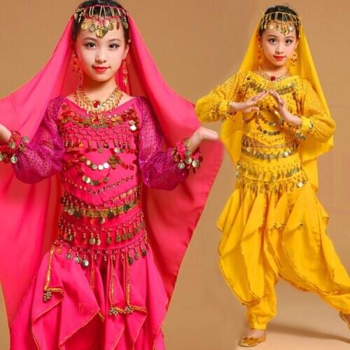 5PCS Set Long Sleeves Coin Sequins Children Belly Dance Costumes for Girl Stage Belly Dancing Clothing East Indian Dance Outfit