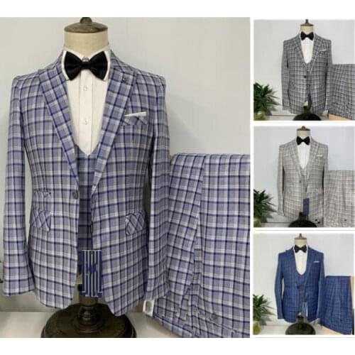 Tailor made Light grey blue Plaid wedding suits men Peaked Lapel 3-piece formal male Large Tuxedos groom fashion casual Blazer