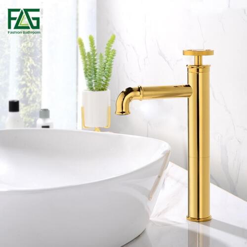 FLG Basin Faucets Single Handle Retro Brass Bathroom Sink Faucet Hot and Cold Water Gold Plated Mixer Tap 1156-22G