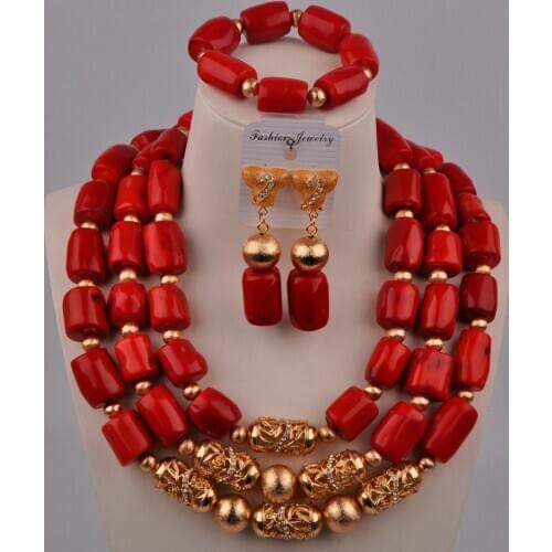 Red Nigerian Wedding Coral Beads Jewelry Set Costume African Necklace Bridal Jewelry Sets for Women 21-F3-C