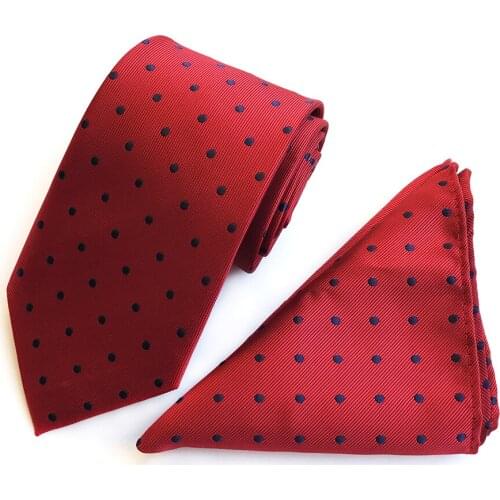 Wedding Party Mens Formal Ties Set Red Spots Woven Necktie with Pocket Square