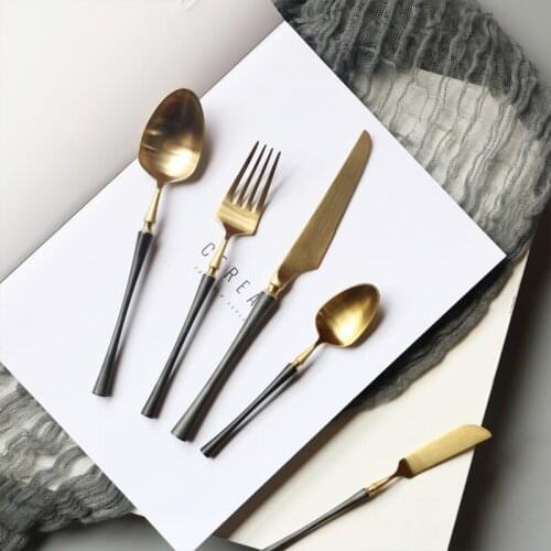Brushed Black Gold Craft Cutlrey Set 304 Stainless Steel Knife Fork Spoon Set Western Flatware Dessert Fork Spoon Hotel Gifts