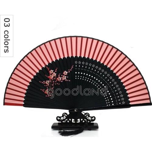 Wholesale Free Shipping 100pcs Silk Wedding Hand Fans Wintersweet Charming Floral Print Red Bamboo Folding Hand Held Fans Weddin