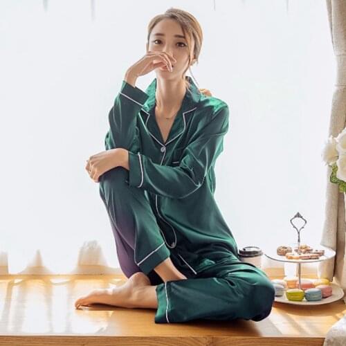 Womens Silk Satin Pajamas Pyjamas Set Long Sleeve Sleepwear Pijama Pajamas Suit Female Sleep Two Piece Set Loungewear Plus Size