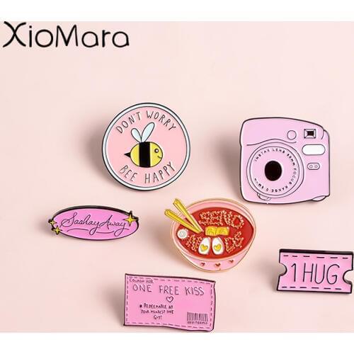 Pink Collection ! Animal Bee Star Camera Japanese Ramen Hug Coupon Soft Enamel Lapel Pin Badge Brooches