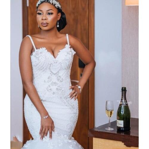 African Plus Size Wedding Dresses Mermaid Wedding Gowns Sexy Open Back Bead Lace Handmade Bridal Gown robe de mariee Modest