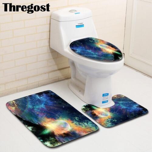 Thregost 3pcs Carpet Set Bathroom 3D Planet Printed Non-Slip Bath Mat Bathroom Kitchen Doormats Decor Toilet Seat Tank Cover Rug