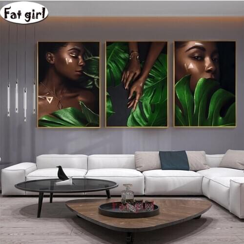 Triptych Diamond Painting 5D DIY modern decor African beauty diamond embroidery Green leaf packing diamond kit full square round