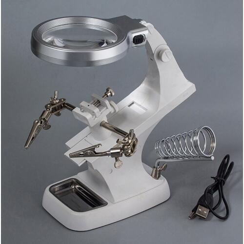 Magnification 3X 4.5X Desk Top Lighted Magnifier Soldering Repairing Helping Hand Magnifying Glass with 10 LED Light Clip Loupe