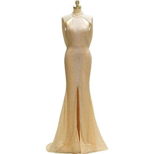 High Quality Tulle O-Neck Mermaid Beading Fishtail Split Side Long Mermaid Evening Dresses Vestido de noche Robe de soiree