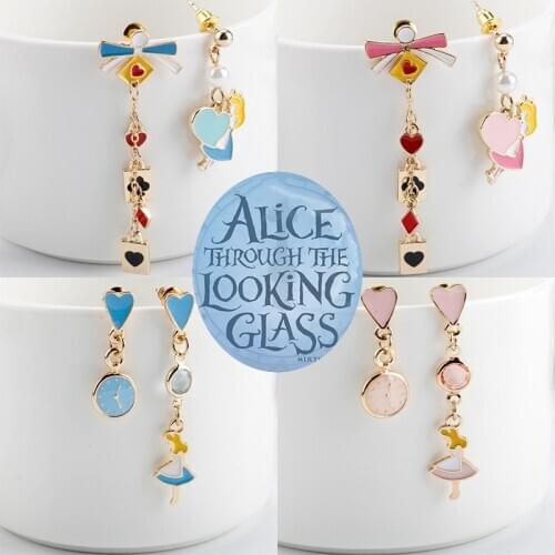 5 Style Alice Wonderland Earrings for Women Princess Clock Poker Card Asymmetrical Drop Earrings Fashion Jewelry Girl Ear Studs