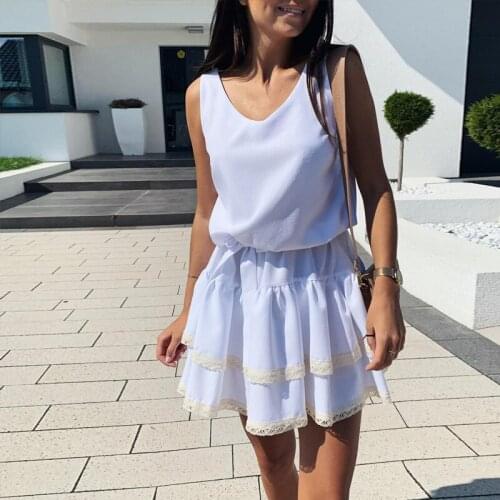 2021 New Summer V Neck Lace Ruffle Sleeveless Dress Women Loose Lace Up Pleated A Line Mini Sundress Casual White Holiday Beach