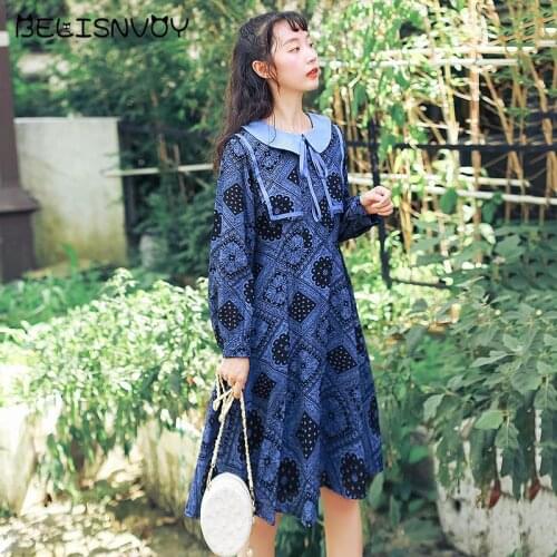 2021 New Spring Autumn Women Temperament Dress Peter Pan Collar With Ribbon Elegant Vestidos Blue Vintage Printed Fairy Dress