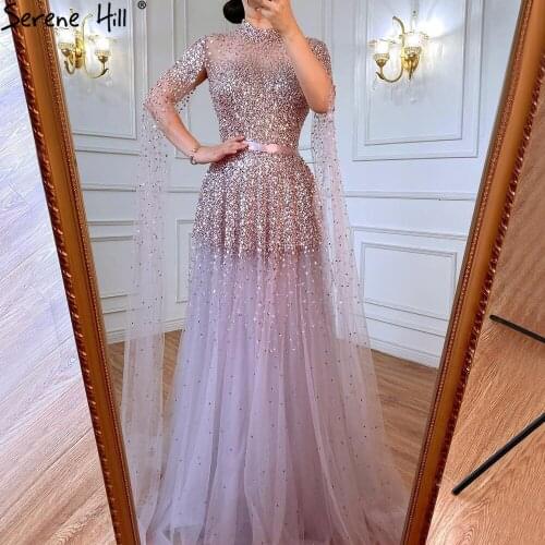 Serene Hill Light Purple Muslim Luxury A-Line Evening Dresses Gowns 2021 Cape Sleeves Beaded For Women Party CLA70066C
