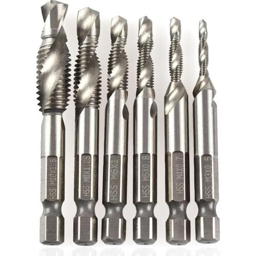 1/4'' Hex HSS High Speed Steel Thread Spiral Screw M3 M4 M5 M6 M8 M10 Metric Composite Tap Drill Bit Tap 6pcs/set