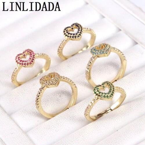 10Pcs Multi-color Cubic Zircon Heart Ring Ladies Charm Fashion Heart Adjustable Rings Engagement Party Gift