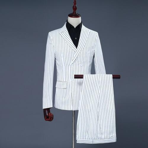 2018 Brand Mens Two Piece Set White Stripe Dress Suits Wedding Suits For Men Tuxedo Gentle Modern Blazer Men Suits