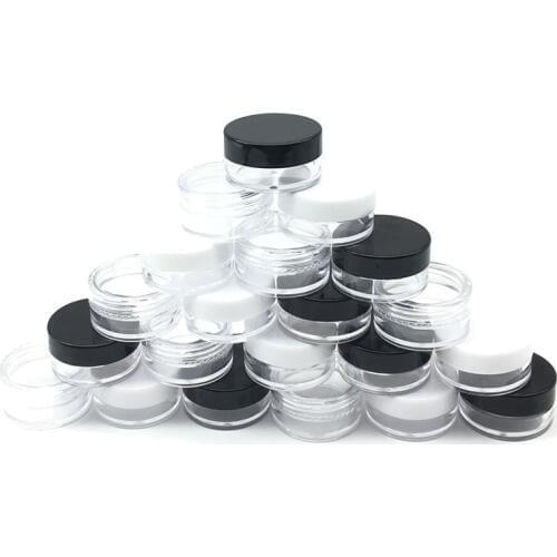 50Pcs 2 Gram Jar Make Up Cosmetic Sample Empty Container Plastic Round Lid Small Bottle with Black White Clear Cap