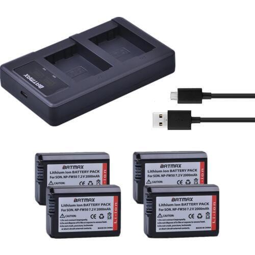 Bamtax 4Pcs NP-FW50 NP FW50 Battery+New LED Dual Charger for Sony Alpha a6500 a6400 a6300 a6000 a7S a7 a7sii a5000 a7R a7II