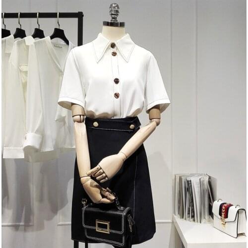 Womens Spring Summer Runway Fashion White Shirt Female Casual Loose Office Lady Basic Blouse Tees Tops TB1683