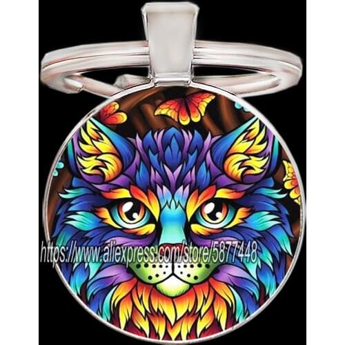 Cool Colorful Lion Keyring, Oli Painting Tiger Keychain,owl Key Holder, Cute Animal Glass Cabochon Key Chain Gift for Boy Friend