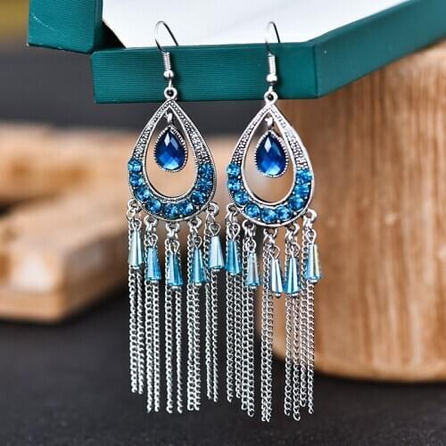 Individual Chinese fashion multi-layer long chain tassel earrings European / American water drop diamond alloy elegant earrings