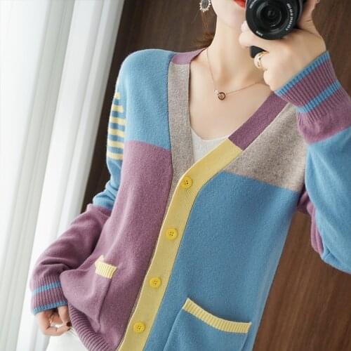 Zocept Spring Autumn Womens Regular Casual Cardigan Pure Wool Knitted V-Neck New Color Matching Sweater Jacket Warm Top