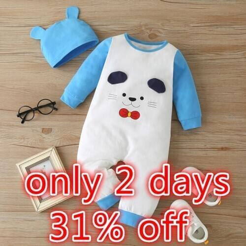 2PCS Set Baby Girl Clothes Winter Autumn Cotton Cute Cartoon Cat Patchwork Long Sleeve Baby Romper+hat Baby Boy Clothes 0-12M