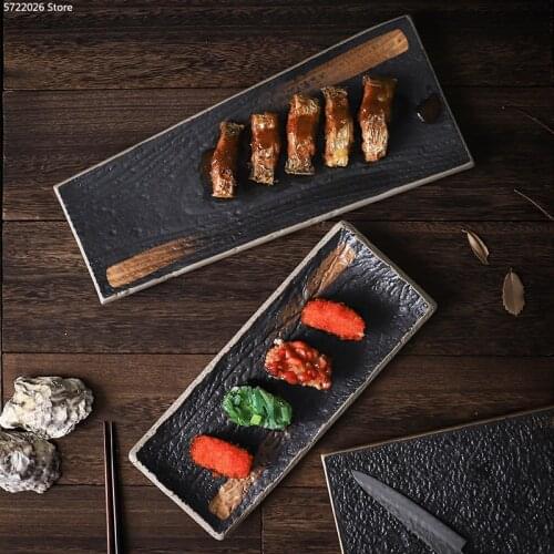 Creative Personality Japanese Ceramic Restaurant Tableware Rectangular Iron Plate Sushi Sashimi Plate Gourmet Snack Plate