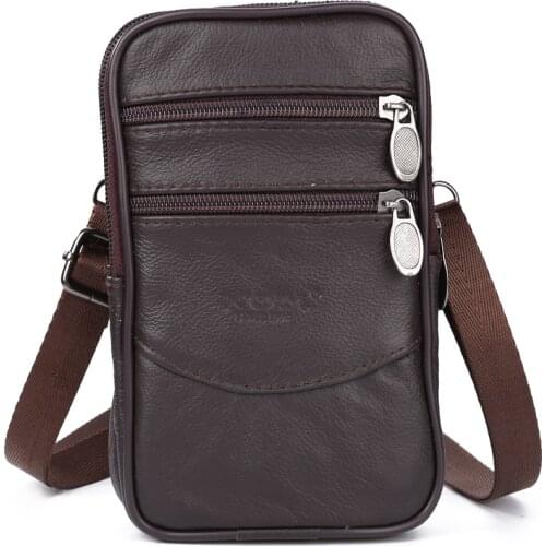 Fashion Men Cow Leather Solid Color Multi Layers Fanny Packs Purse Bag Vintage Zipper Small Waist Bags Wallet