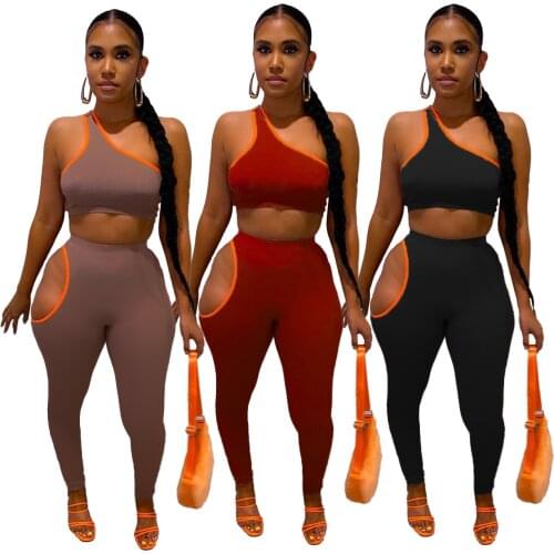 Fashion One Shoulder Cut Out Two Piece Set Women Casual Sportswear Fitness Crop Top + Leggings Slim Matching Set Outfits Workout