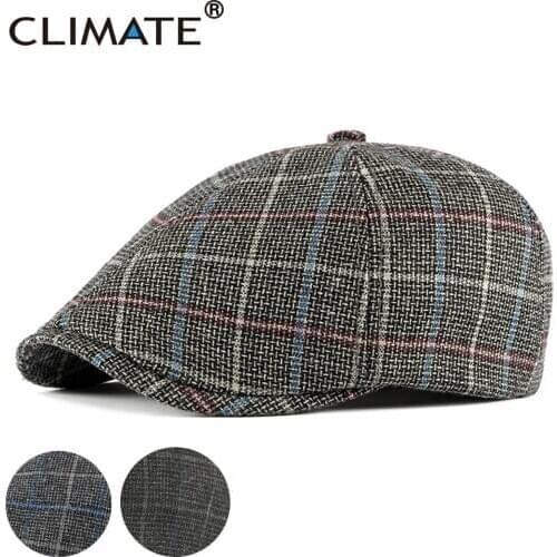 CLIMATE Winter Men Beret Hat Vintage Warm Men Thicken Flat Cap Retro Woolen Plaid Grid Warm Tweed Newsboy Style Cap Hat