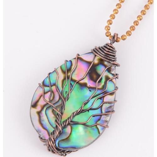 Natural Stone Water Drop Abalone Shell Pendant Copper Line Wrapped Tree of Life Necklace for Women Trendy Jewelry Hook D530a