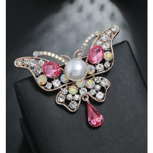 New Fashion Imitation Pearls Brooch Temperament Alloy Multicolor Rhinestones Butterfly Popular Dripping Oil Crystal Brooch