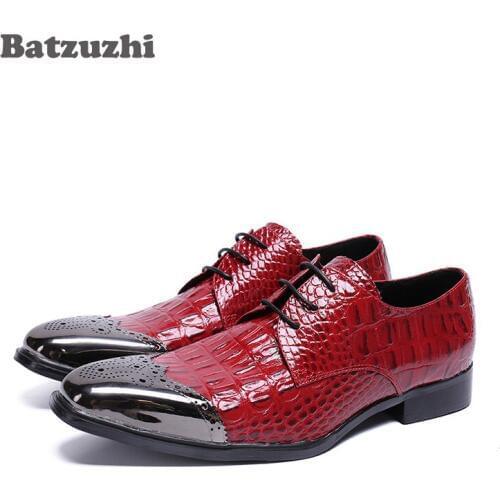 Batzuzhi 2018 New Men Shoes Handmade Luxury Oxford Shoes for Men Metal Square Toe Genuine Leather Dress Shoes Men Red Wedding
