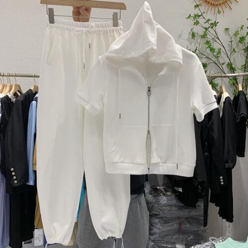 2021 Summer New Short-sleeved Trousers Sports Suit Female Korean Version of Solid Color Zipper Hooded Two-piece Suit