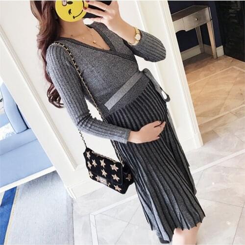 Warm Pregnancy Maternity Knitting Long Dresses Long Sleeve Clothing Fashion Pregnant Women Pleated Dresses