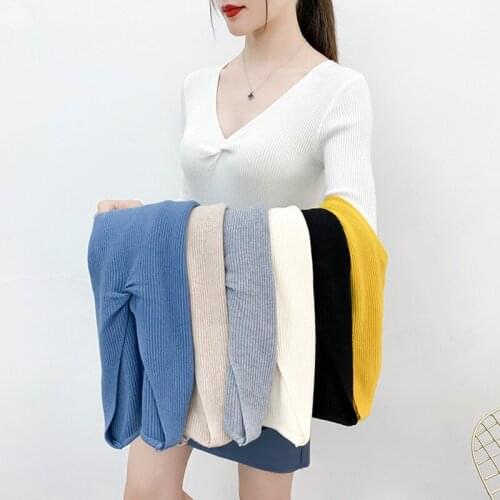 Pullover 2021 Autumn Women Patchwork Top Long Sleeve V-neck Knitted Jumpers Casual Solid Color New Female Sweater