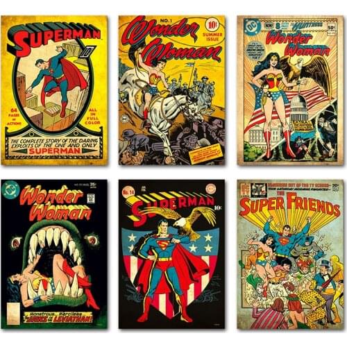 Justice League DC Retro Comic Poster Vintage Rust Canvas Painting Wonder Woman Batman Superman Wall Art Home Decoration Cuadros