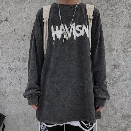 Dark tied high street hip-hop water-washed graffiti letter print autumn long-sleeved T-shirt couple loose-fitting men and women
