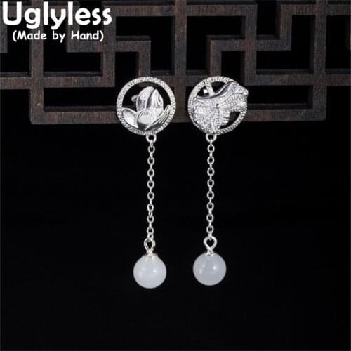 Uglyless Asymmetric Lotus Leaf Lotus Flower Earrings for Women Nature Jade Balls Tassels Earrings 925 Silver Ethnic Brincos Gems