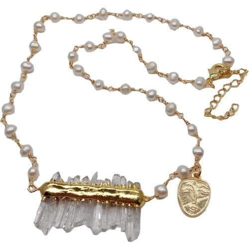 Y·YING Cultured White Rosary Pearl Choker Necklace Clear Quartz Druzy Bar Pendant 18"