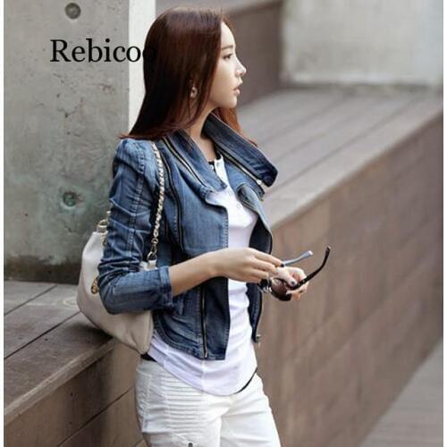 Japanese Korean WOMENS Dress Autumn Vintage Jeans Coat Womens Slim Fit Jacket Zipper Tops Long Sleeve Short