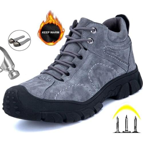 Suede Leather Work Boots Safety Steel Toe Shoes Men Indestructible Sneakers Men Shoes Hiking Boots Warm Men Boots Safety Shoes