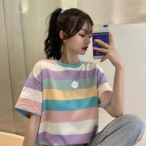 Woman Tshirts Rainbow Striped Short-Sleeved T-shirt for Women Summer Loose Sleeves T-shirt Jacket Tops Mujer Camisetas