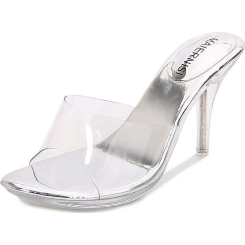 Womens transparent slippers Korean casual fashion model catwalks crystal high-heeled 8cm slippers